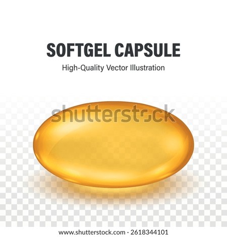 Vitamin B, E, D, Collagen Soft Gel Capsule, Isolated. Realistic 3D Golden Transparent Omega-3 Bead, Pharmaceutical Supplement, Fish Oil, Health and Beauty Concept. Vector Illustration