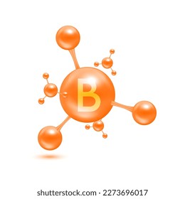 Vitamina B en forma de moléculas de átomos gloso naranja. Icono 3D aislado en fondo blanco. Complejo de vitaminas minerales. Concepto médico y científico. Ilustración del vector EPS10.