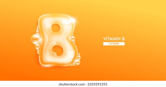 Vitamin B in Form von Wasserzeichen Buchstaben Blase Kollagen Serum. Schrifttyp Großbuchstabenorange. Lösung Vitamine komplexe Hautpflege für kosmetische Werbung Design. Medizinische Konzepte Schönheitsernährung. 3D-Vektorgrafik.