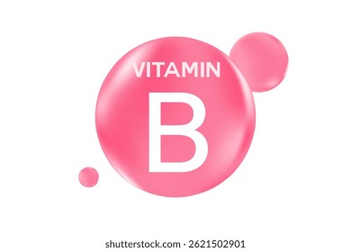 Vitamin B glowing 3D pink molecule element or bubble isolated, transparent background, fluid flowing bubble fizz, beauty supplement, nutrition products banner, presentation, infographic design