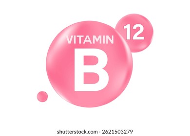 Vitamin B glowing 3D pink molecule element or bubble isolated, transparent background, fluid flowing bubble fizz, beauty supplement, nutrition products banner, presentation, infographic design