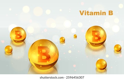 Vitamin B gold shining icon. Shining golden substance drop
