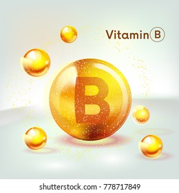 Vitamin B gold shining icon. Ascorbic acid. Shining golden substance drop. Nutrition skin care. Vector illustration.