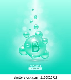 Vitamin B green ball fall to ground. Serum vitamins complex with chemical formula. Beauty treatment nutrition skin care design. Medical and scientific concepts. 3D Realistic Vector EPS10.