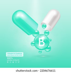 Vitamin B green capsule. Treatment with vitamins complex collagen skincare beauty. Health supplement anti aging. Cosmetic beauty product design. 3D Realistic on pink background. Vector EPS10.