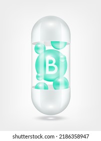 Vitamin B green inside capsule pill transparent white. Health care beauty enhancement neutralize free radicals. Used for nutrition products food template design. 3D Realistic Vector EPS10.