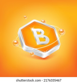 Vitamin B in hexagon shape and orange atom. Used for nutrition products food. Medical scientific concepts. Isolated 3D Vector EPS10 illustration.