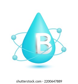 Vitamin B icon 3d. Atomic radius circulating around water drop blue isolated on white background used in advertising. Medical beauty concept. Vector EPS10.