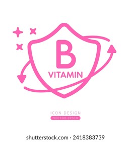 Vitamin B icon pink in shield surrounded by arrows Isolated on a white background. Medical symbol build protective and immunity concept. Design for use print media form simple line. Vector.
