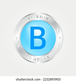  Vitamina B Estructura del icono azul circundante. borde plateado. EPS vectorial 3D10. Complejo de píldoras, fórmula química sérica de colágeno. Tratamiento de belleza nutrición diseño de cuidado de la piel, saludable. Médico, científico. 