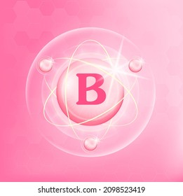 Vitamin B icon structure light pink substance. Medicine health symbol of thiamine. Drug business concept. Vector Illustration. 3D Vitamin complex with chemical formula. Personal care, beauty concept