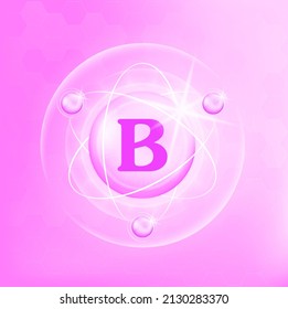 Vitamin B icon structure light pink purple, white . Medicine health symbol of thiamine. 3D Vector Illustration. Complex with chemical formula. Personal care, beauty. Drug business concept.