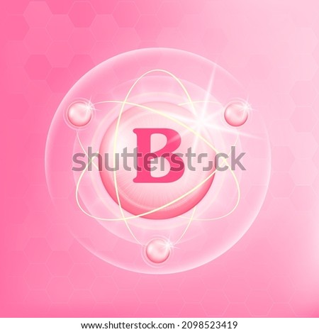 Vitamin B icon structure light pink substance. Medicine health symbol of thiamine. Drug business concept. Vector Illustration. 3D Vitamin complex with chemical formula. Personal care, beauty concept