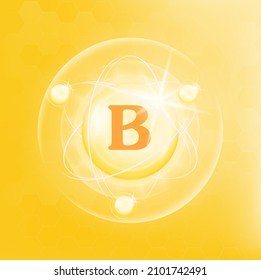 Das Vitamin-B-Symbol strukturiert die gelbe Substanz. 3D-Vektorgrafik. Medizinisches Gesundheitssymbol von Thiamin. Konzept des Drogenhandels. Vitamin-Komplex mit chemischer Formel. Persönliche Pflege, Beauty-Konzept.