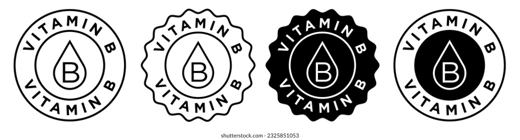 Vitamin b icon tag collection. Vector badge symbol of multivitamins b emblem seal sticker. Rich of vitamins b supplement circular round stamp. Health nutrition Complex with mineral outlined and filled