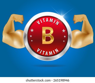 Vitamin B label silver badge on blue background - vector eps10