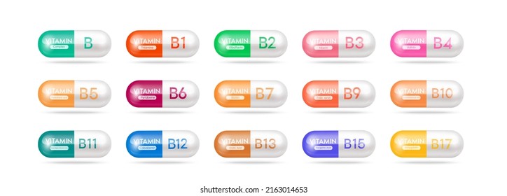 Vitamin B medicine capsule set. Dietary supplement health neutralize free radicals. Anti aging beauty enhancement concept and health care medical. Vitamins 3D isolated on white background. 