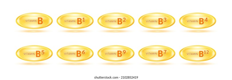 Conjunto de complejos de vitamina B y minerales. Las cápsulas de vitaminas brillantes son de color naranja. Píldora, suplemento alimenticio saludable. Concepto médico científico y sanitario. Aislado sobre el fondo blanco Vector 3D EPS10.