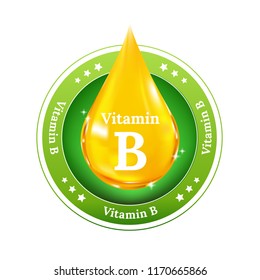 Vitamin B on yellow drop. Button, sign and badge.