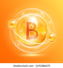 Vitamin B orange. Pill vitamins complex and bubble collagen serum chemical formula. Beauty treatment nutrition skin care design. Medical and scientific concepts. 3D Vector EPS10.