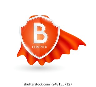 Vitamin B plus in shield knight red cloak. Protect and build immunity healthy. Vitamins minerals essential. For ads dietary supplements medical pharmacy. Vector EPS10 illustration.