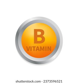 Vitamin B with realistic button. Particles of vitamins in the middle. Multivitamin supplement. Essential vitamin complex. Healthy life concept. Vector illustration