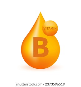 Vitamin B mit realistischem Tropfen. Vitaminpartikel in der Mitte. Multivitaminpräparat. Grundlegender Vitaminkomplex. Konzept des gesunden Lebens. Vektorgrafik