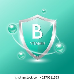 Escudo de vitamina B con átomo verde. Proteger el cuerpo para que permanezca sano. Para alimentos de productos nutritivos. Conceptos científicos médicos. Ilustración vectorial.