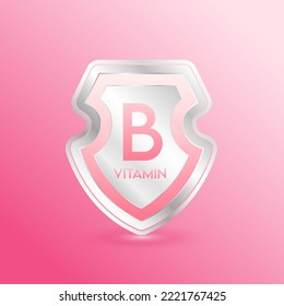 Vitamin B shield pink. Protect the body stay healthy. For nutrition products food. Metal aluminum label 3d isolated realistic on solid background. Medical scientific concepts. Vector illustration.