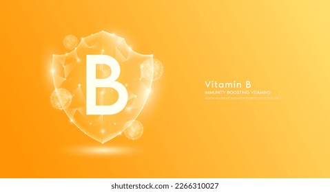 Vitamin B shield polygonal translucent orange. Immunity boosting vitamins. Medical innovation protect your body healthy. Shield low poly triangle modern futuristic protection. Banner vector.