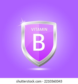 Vitamin B shield with purple atom. Vector illustration 3D. Protect body stay healthy, protection from chemicals entering body. For nutrition products food. Medical scientific concept. Drug business.