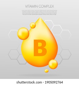 Vitamin B shining pill capcule icon. Shining golden substance drop. Meds ads. Beauty treatment nutrition skin care design. Vector illustration.