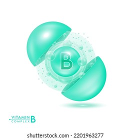 Cápsula de píldora brillante de vitamina B. Tratamiento de belleza para el cuidado de la piel con complejo vitamínico con colecalciferol. Balón verde con burbujas aisladas sobre fondo blanco. Vector de diseño de productos de belleza cosmética. 