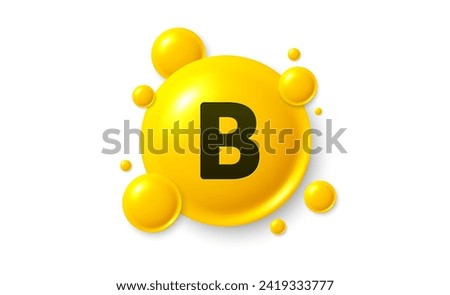Vitamin B shining pill capsule icon. Shining golden substance drop. Meds ads. Medical nutrition for health. Pharmacy healthcare supplements. Vitamin B medicine. Vector illustration.