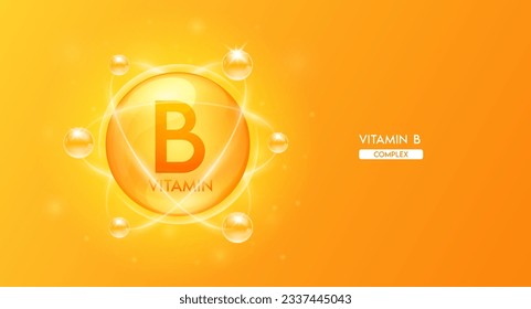 Vitamina B con fórmula química de estructura. Complejo de vitaminas y naranja de colágeno de burbujas para el diseño cosmético. Tratamiento de belleza nutrición cuidado de la piel. Conceptos médicos. Vector 3D.