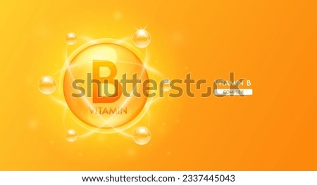 Vitamin B with structure chemical formula. Vitamins complex and  bubble collagen serum orange for cosmetics design. Beauty treatment nutrition skincare. Medical concepts. 3D Vector.