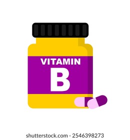 Vitamin B supplement bottle with vitamin capsule or pills cartoon style clip art vector illustration. Vitamin Bottle isolated in white