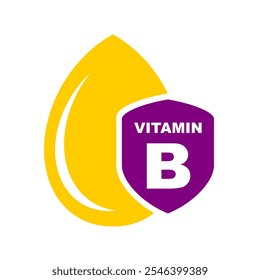 Liquidar suplemento de vitamina B ou gota de água com violeta escudo desenho animado estilo ícone clip art vetor ilustração. Frasco de vitamina isolado em branco