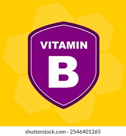 Suplemento de vitamina B com escudo roxo e texto branco. Escudo vitamínico com plano de fundo laranja ícone do desenho animado clip art vetor ilustração