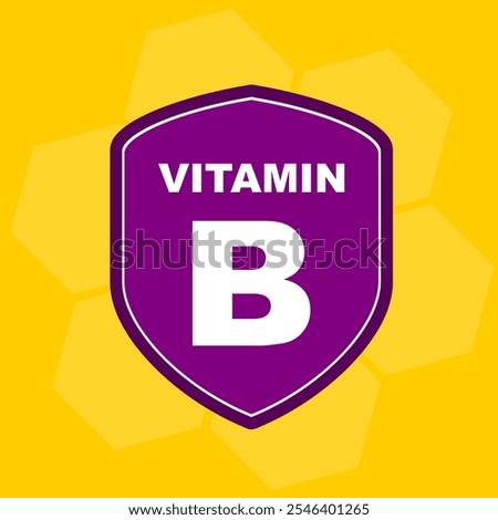 Vitamin B supplement with purple shield and white text. Vitamin shield with orange background cartoon style icon clip art vector illustration
