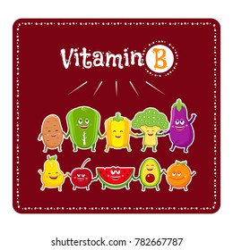 Vitamin B vegetables and fruits. Healthy food illustration. Vegetable and fruit characters