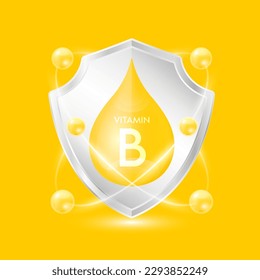 Vitamin B yellow drop inside aluminum shield with atom surround. Minerals and vitamins complex protect the body stay healthy. For nutrition products food. Vector EPS10 illustration.