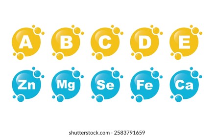 Vitamin B1, B, C, A, D, E, Ca, Zn, Mg, Se, Fe, Ca, vector. Set of Multi Vitamin, complex icons.