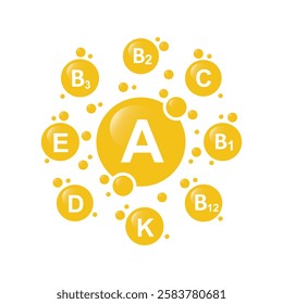 Vitamin B1, B2, B3, B12, C, A, D, E and K vector. Set of Multi Vitamin, complex icons.