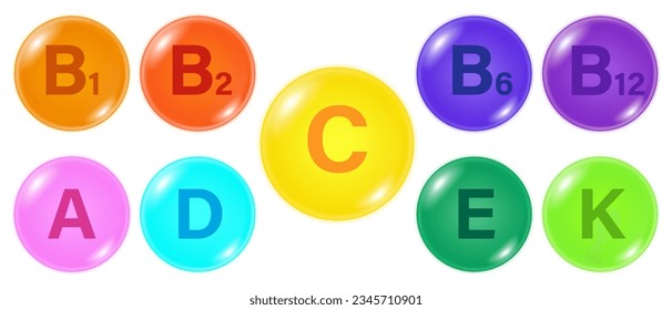 Vectores de vitamina B1, B2, B6, B12, C, A, D, E y K. Conjunto de iconos del complejo de vitaminas múltiples. Complemento multivitamínico.