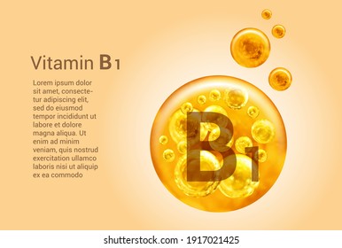 Vitamin B1. Baner with vector images of golden balls with oxygen bubbles. Health concept. 