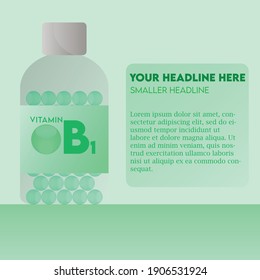 Vitamin B1 Capsule bottle flat modern illustration, health care concept, Thiamine For medical ads, pharmacy, drug store booklet, banner or brochure.