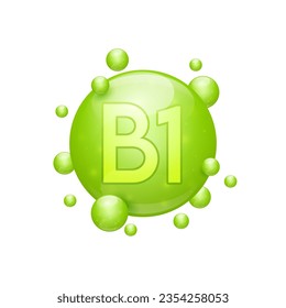 Vitamin B1 capsules green nutrients minerals that are essential the body. Vitamins complex for skin care cosmetics dietary supplement design. Medical concepts. Icon 3D on white background. Vector.