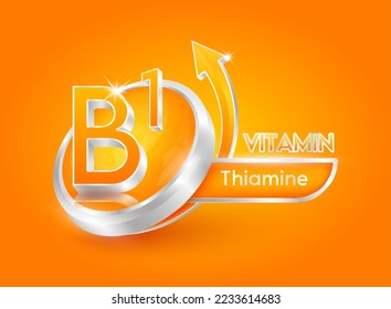 Vitamin B1 in circle shape orange with arrow. Used for designing dietary supplements or beauty products. Medical concepts. Isolated 3d icon. Vector EPS10 illustration.