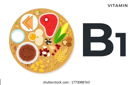 Vitamin B1 concept healthy nutrition flat design vector illustration. Products containing vitamin B1 on wooden cutting board.